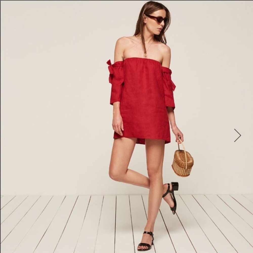 Red off shoulder Reformation Carlita Dress